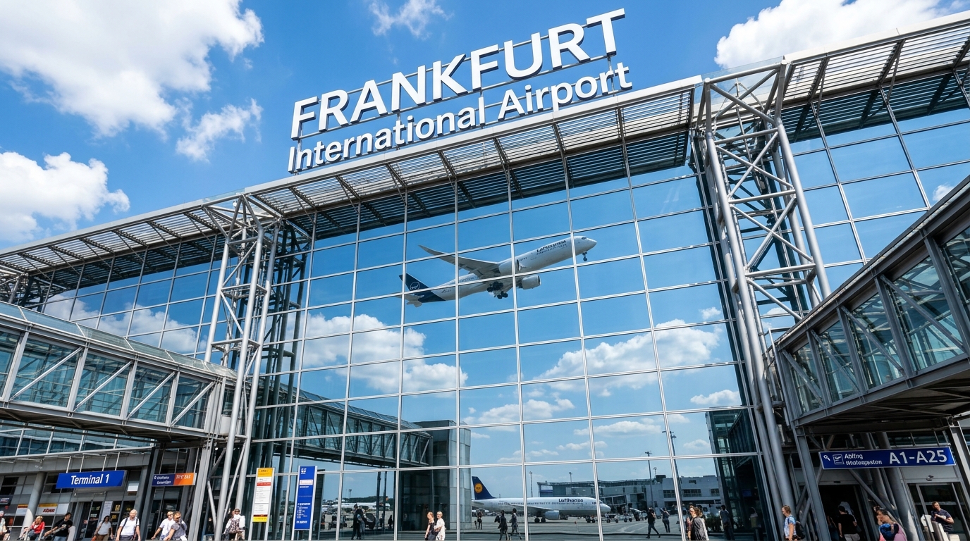 Flughafen Frankfurt International Airport Terminal mit Glasfassade und Flugzeugspiegelung